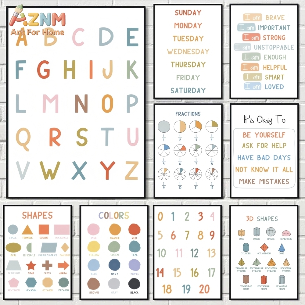Educational Cartoon For Kids - AZNM Educatief alfabetnummers frameloos canvas wandkunst,